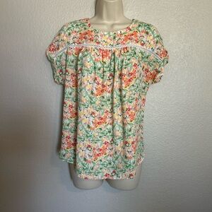 LOFT Green and Pink Floral Lightweight Blouse Sz S